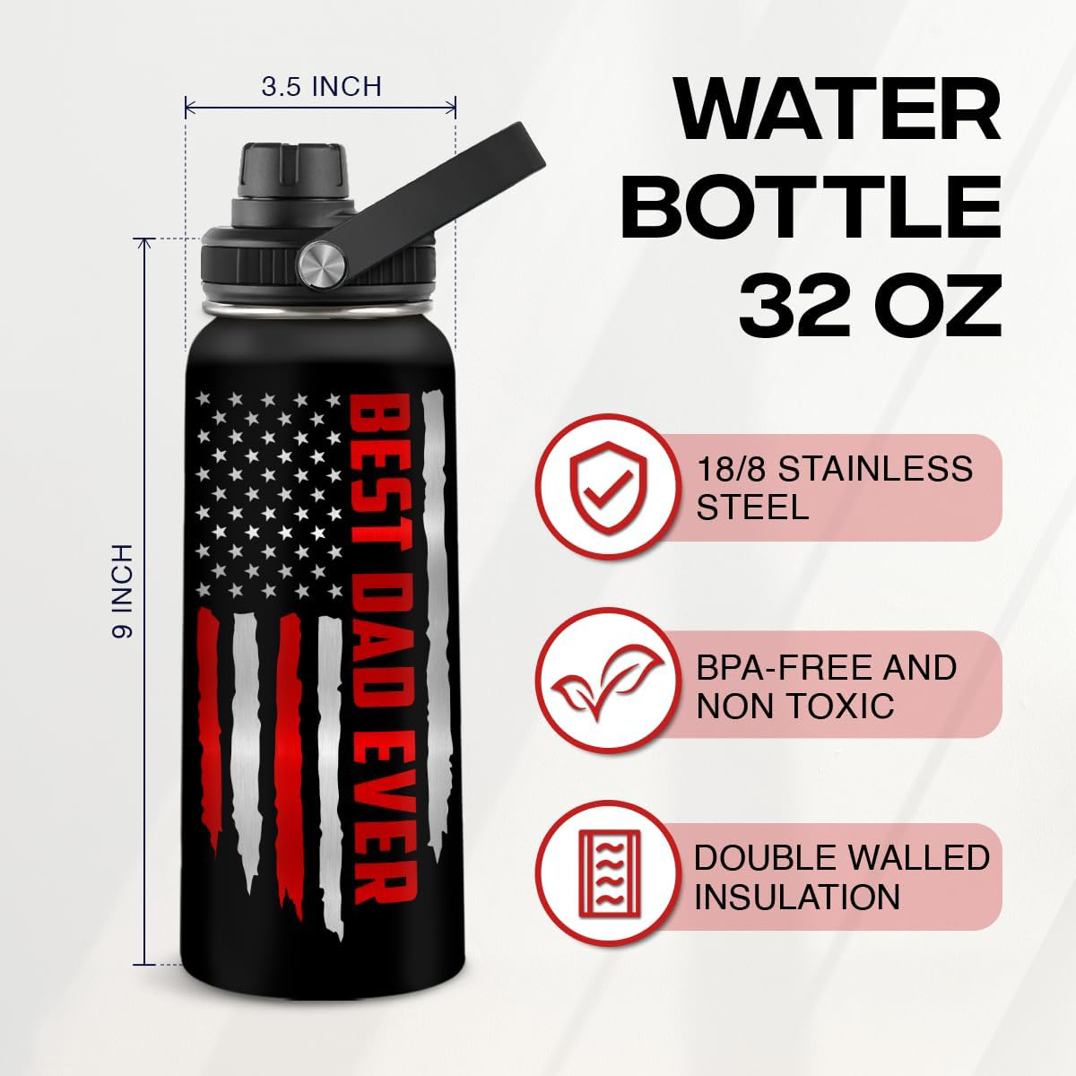 Black water bottle with American flag design and 'Best Dad Ever' text, featuring product details on a white background.