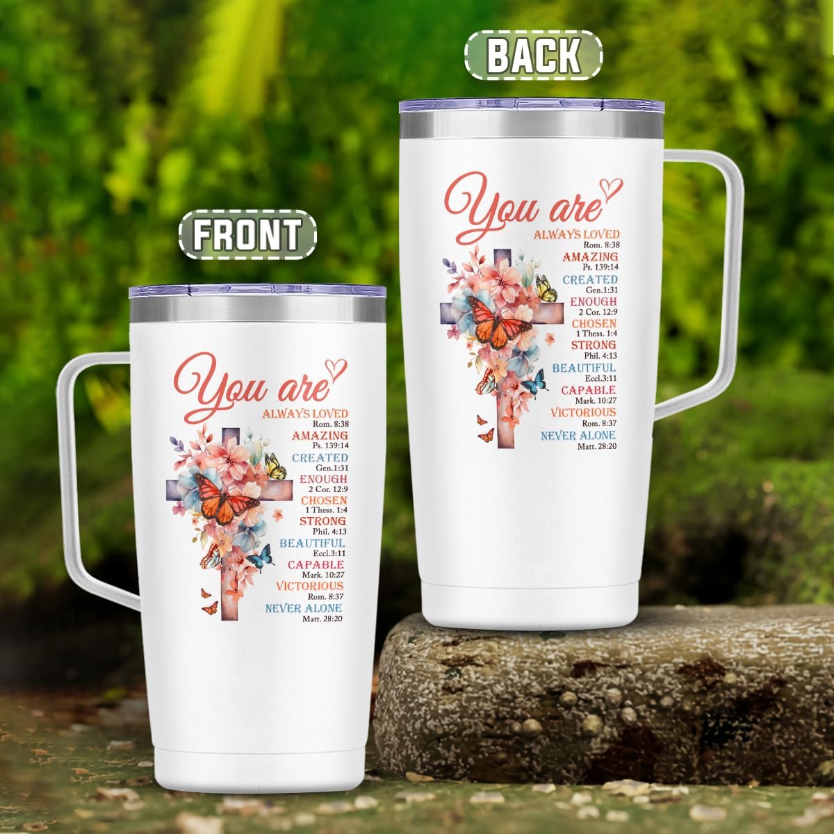 White Christian Curved Tumbler with Handle 20oz