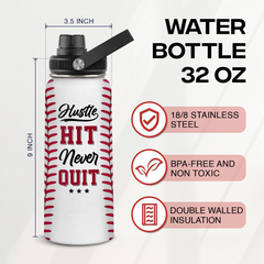 SANDJEST Baseball Water Bottle 32oz Hustle Hit Never Quit Stainless Steel Insulated Bottles for Men Women Sports Lovers Baseball Fan Players Coach Baseball Gifts for Birthday Christmas