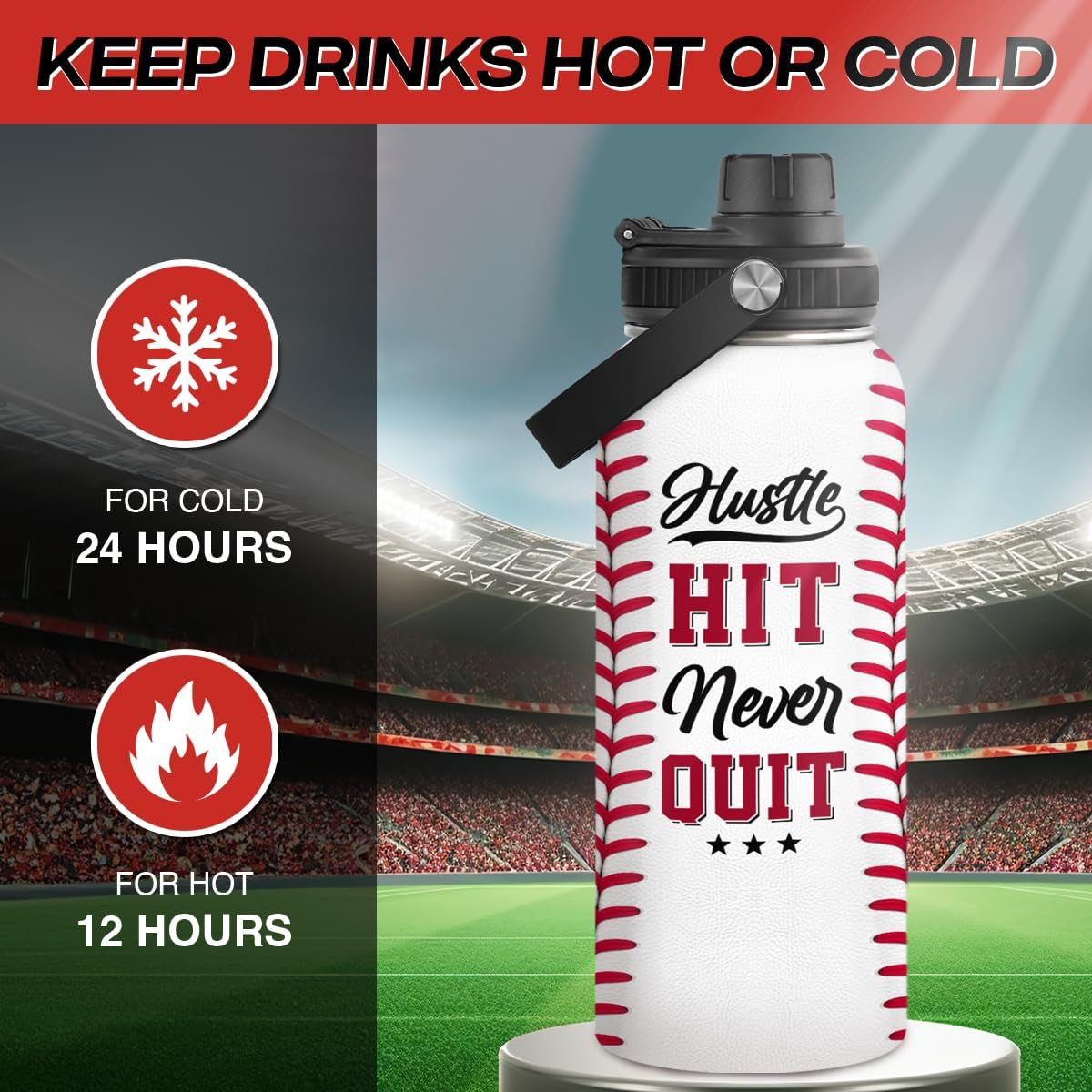 SANDJEST Baseball Water Bottle 32oz Hustle Hit Never Quit Stainless Steel Insulated Bottles for Men Women Sports Lovers Baseball Fan Players Coach Baseball Gifts for Birthday Christmas