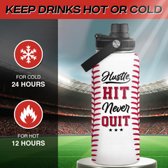 SANDJEST Baseball Water Bottle 32oz Hustle Hit Never Quit Stainless Steel Insulated Bottles for Men Women Sports Lovers Baseball Fan Players Coach Baseball Gifts for Birthday Christmas