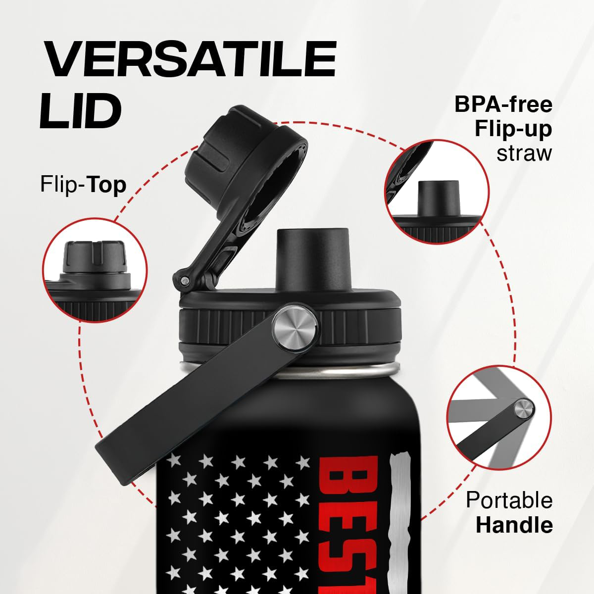 Black water bottle with American flag design and features highlighted on a white background