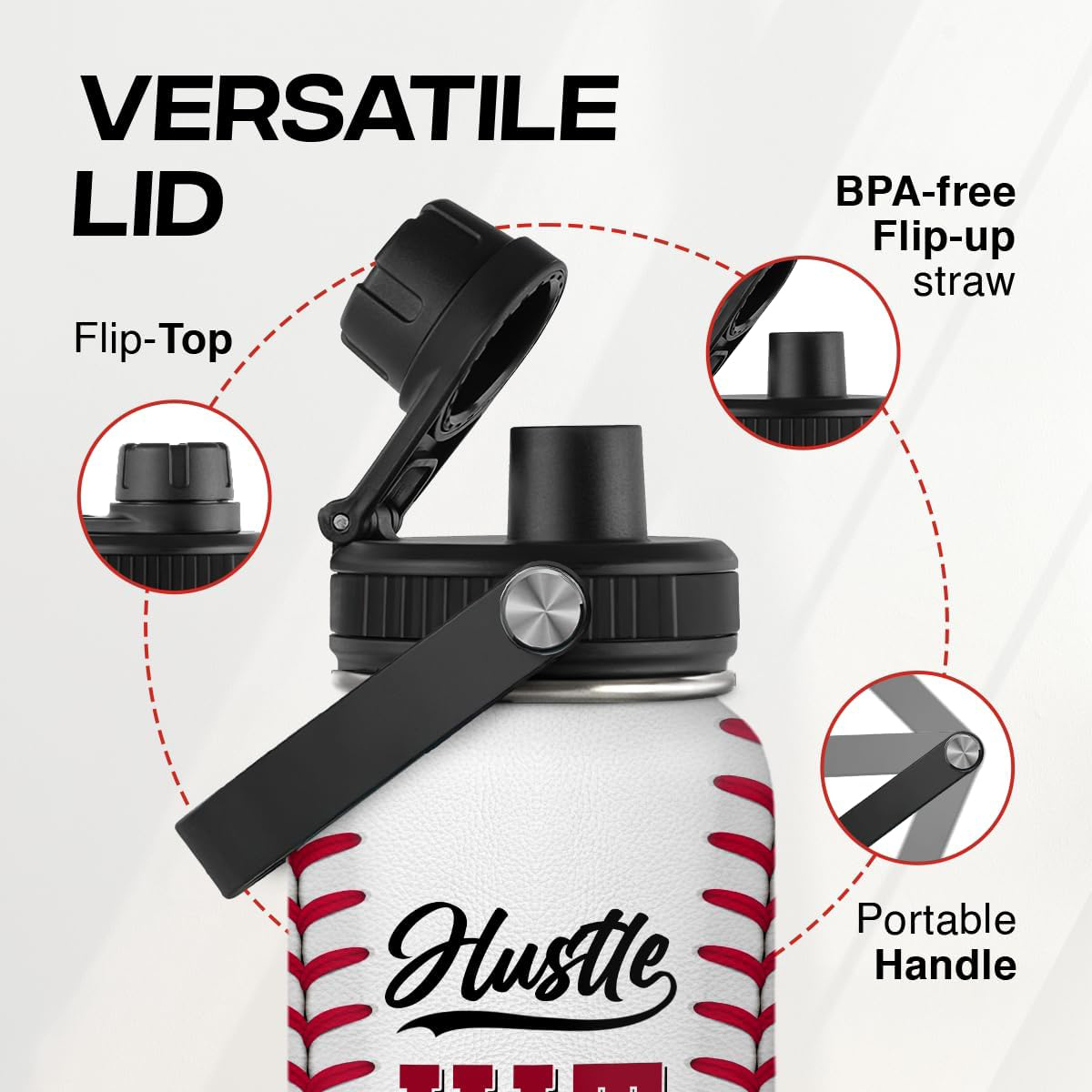 SANDJEST Baseball Water Bottle 32oz Hustle Hit Never Quit Stainless Steel Insulated Bottles for Men Women Sports Lovers Baseball Fan Players Coach Baseball Gifts for Birthday Christmas