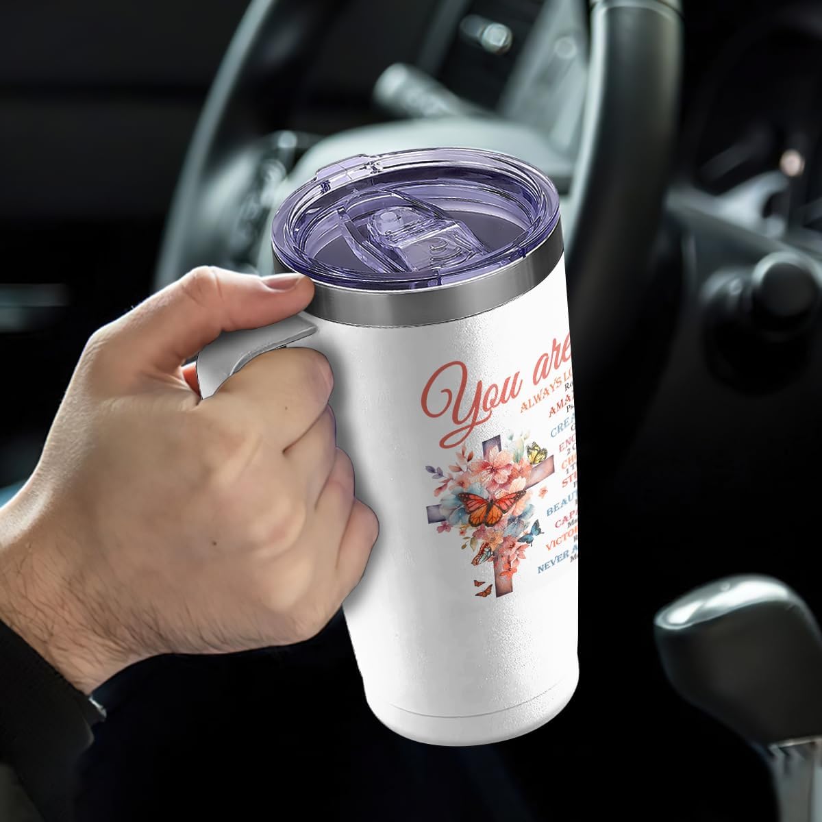 White Christian Curved Tumbler with Handle 20oz