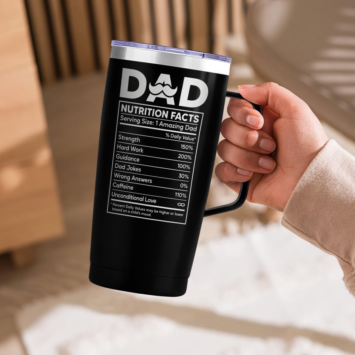 SANDJEST Dad Cup Tumbler with Handle 20oz Dad Nutrition Facts Stainless Steel Travel Coffee Mug Best Dads Gift for Fathers Birthday Christmas Valentines Gift for Men Father Daddy from Daughter Son