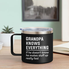 SANDJEST Grandpa Tumbler Insulated Coffee Mug with Handle 14oz Grandpa Knows Everything Tumblers Travel Cup Best Grandpa Ever Gifts for Birthday Christmas Gift for Grandfather Grandpas Grandad