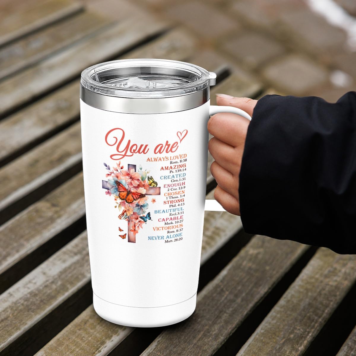 White Christian Curved Tumbler with Handle 20oz