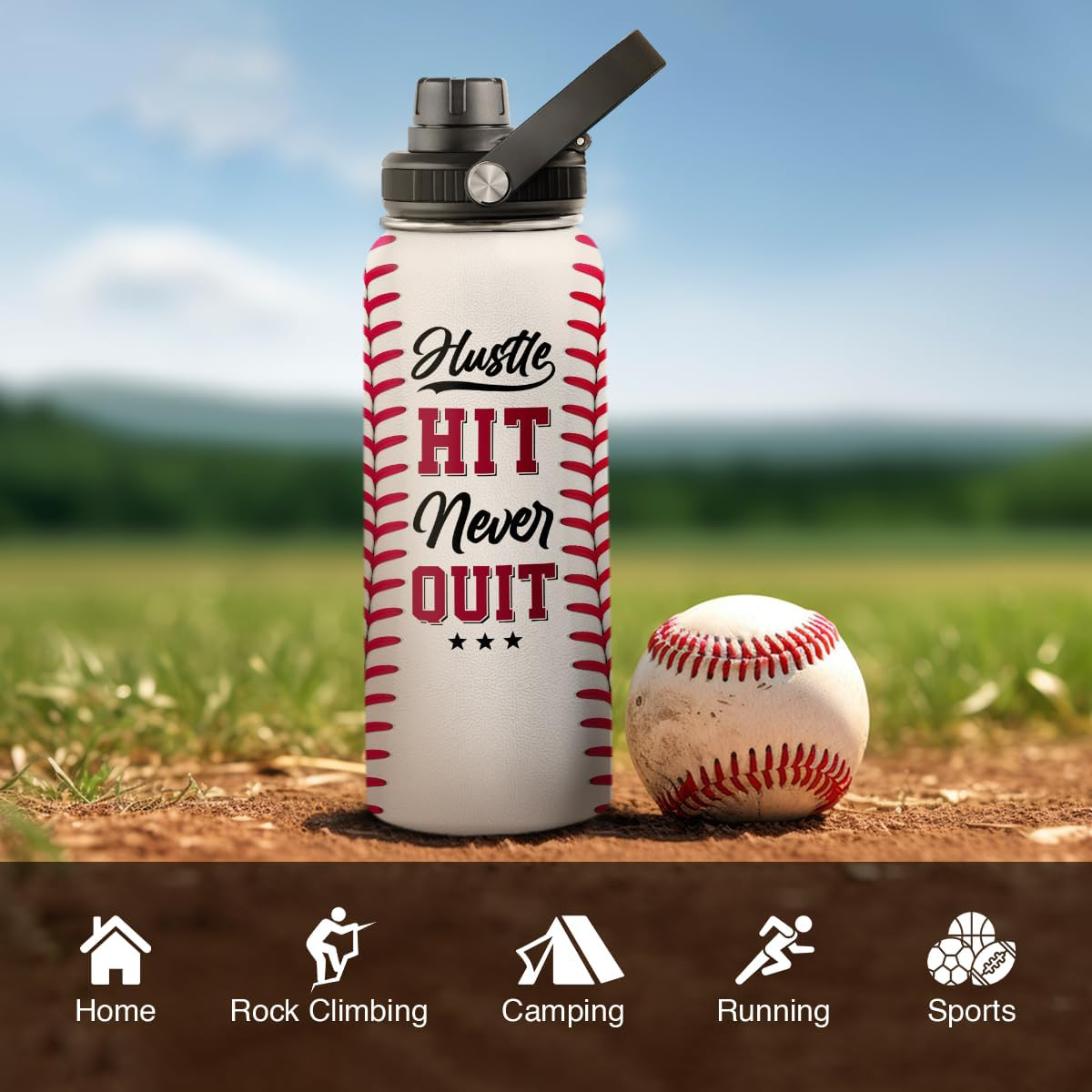 SANDJEST Baseball Water Bottle 32oz Hustle Hit Never Quit Stainless Steel Insulated Bottles for Men Women Sports Lovers Baseball Fan Players Coach Baseball Gifts for Birthday Christmas