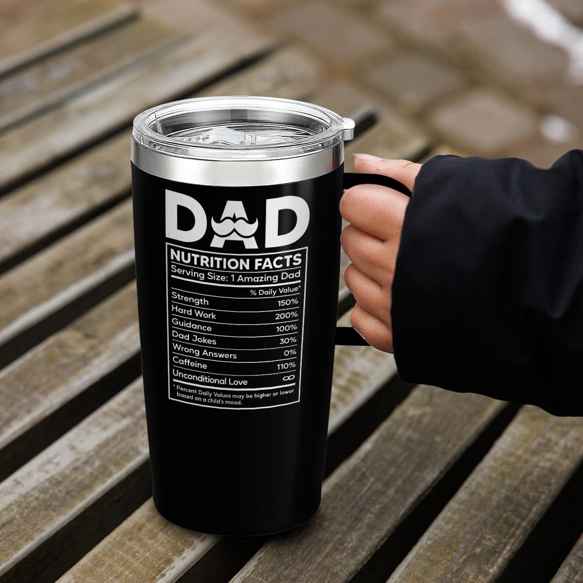 SANDJEST Dad Cup Tumbler with Handle 20oz Dad Nutrition Facts Stainless Steel Travel Coffee Mug Best Dads Gift for Fathers Birthday Christmas Valentines Gift for Men Father Daddy from Daughter Son