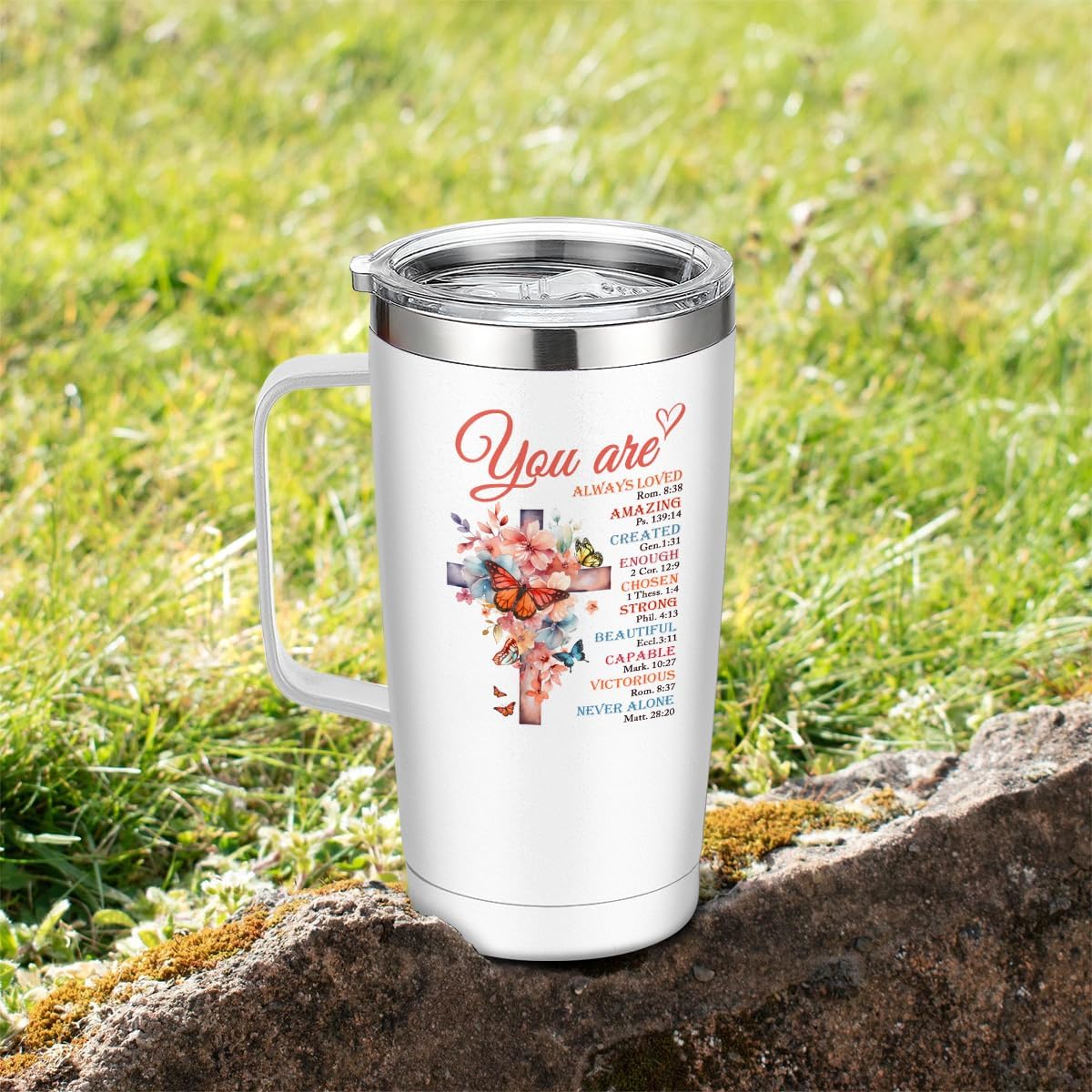 White Christian Curved Tumbler with Handle 20oz