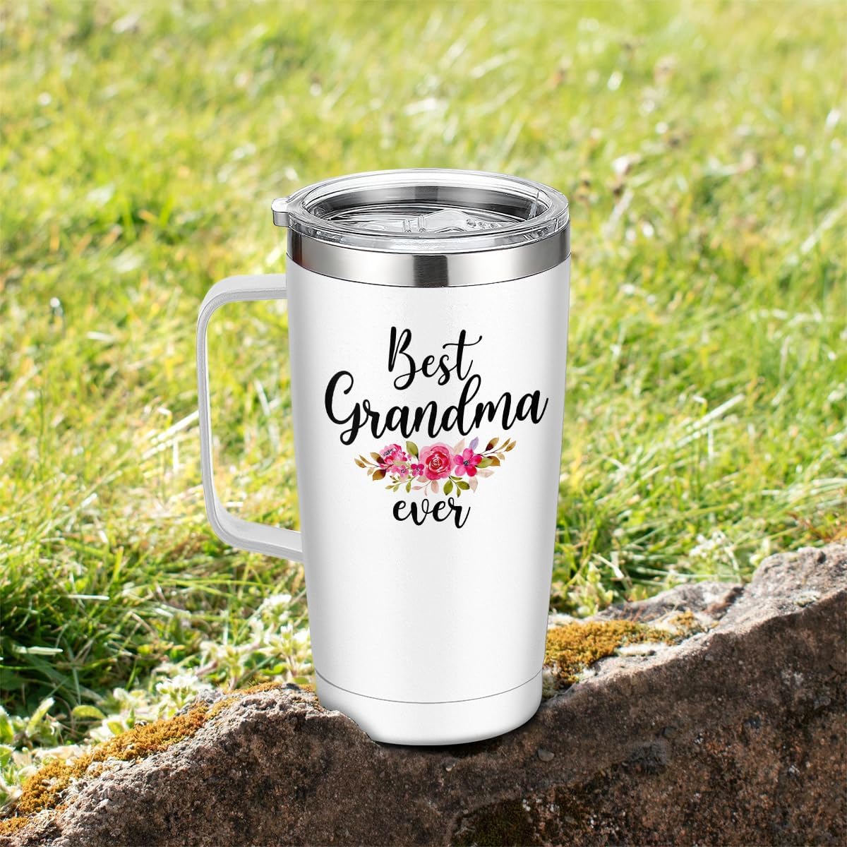 SANDJEST Grandma Tumbler with Handle 20oz Stainless Steel Insulated Tumblers Coffee Travel Mug Nana Cup Best Grandma Gift for Grandmother Grandmom Mimi Grandmas Gift for Birthday Christmas