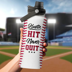 SANDJEST Baseball Water Bottle 32oz Hustle Hit Never Quit Stainless Steel Insulated Bottles for Men Women Sports Lovers Baseball Fan Players Coach Baseball Gifts for Birthday Christmas