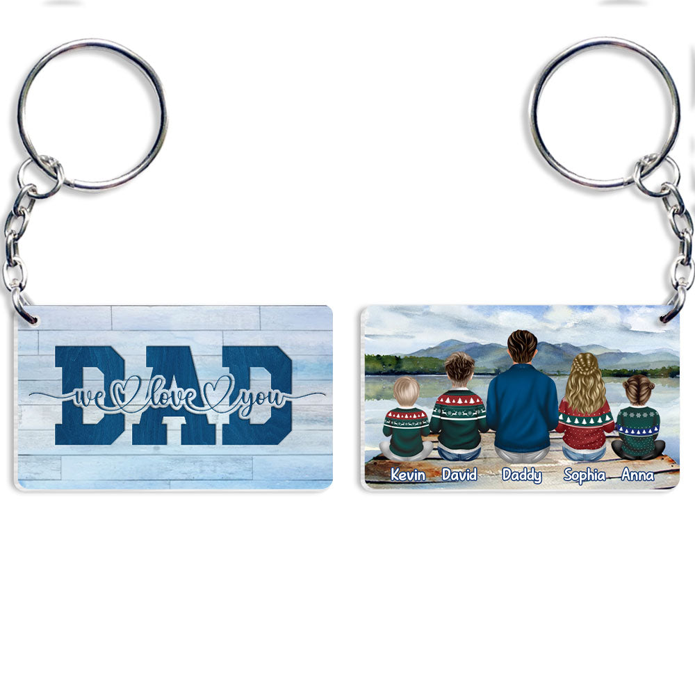 Dad And Kids Back View Lake Personalized Keychain
