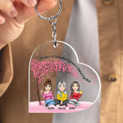 Mother & Daughters Under Tree Heart Shaped Personalized Keychain