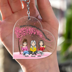 Mother & Daughters Under Tree Heart Shaped Personalized Keychain