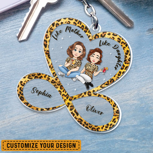 Mom And Daughter Personalized Keychain Leopard Heart