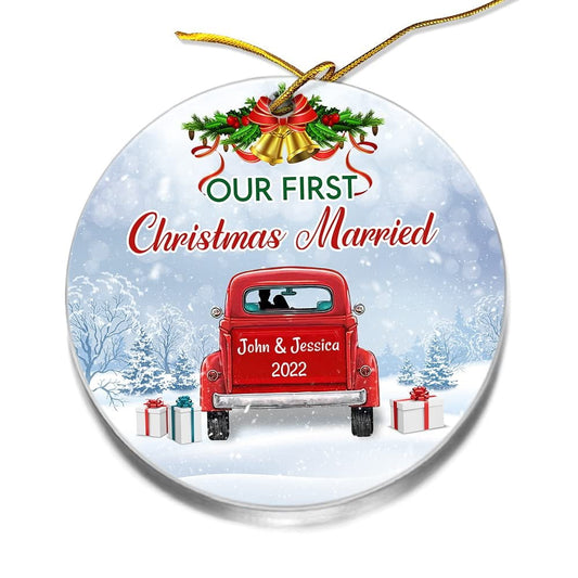 Personalized Acrylic First Xmas Married Ornament Red Truck