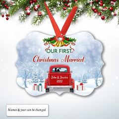 Personalized Aluminum First Xmas Married Ornament Red Truck