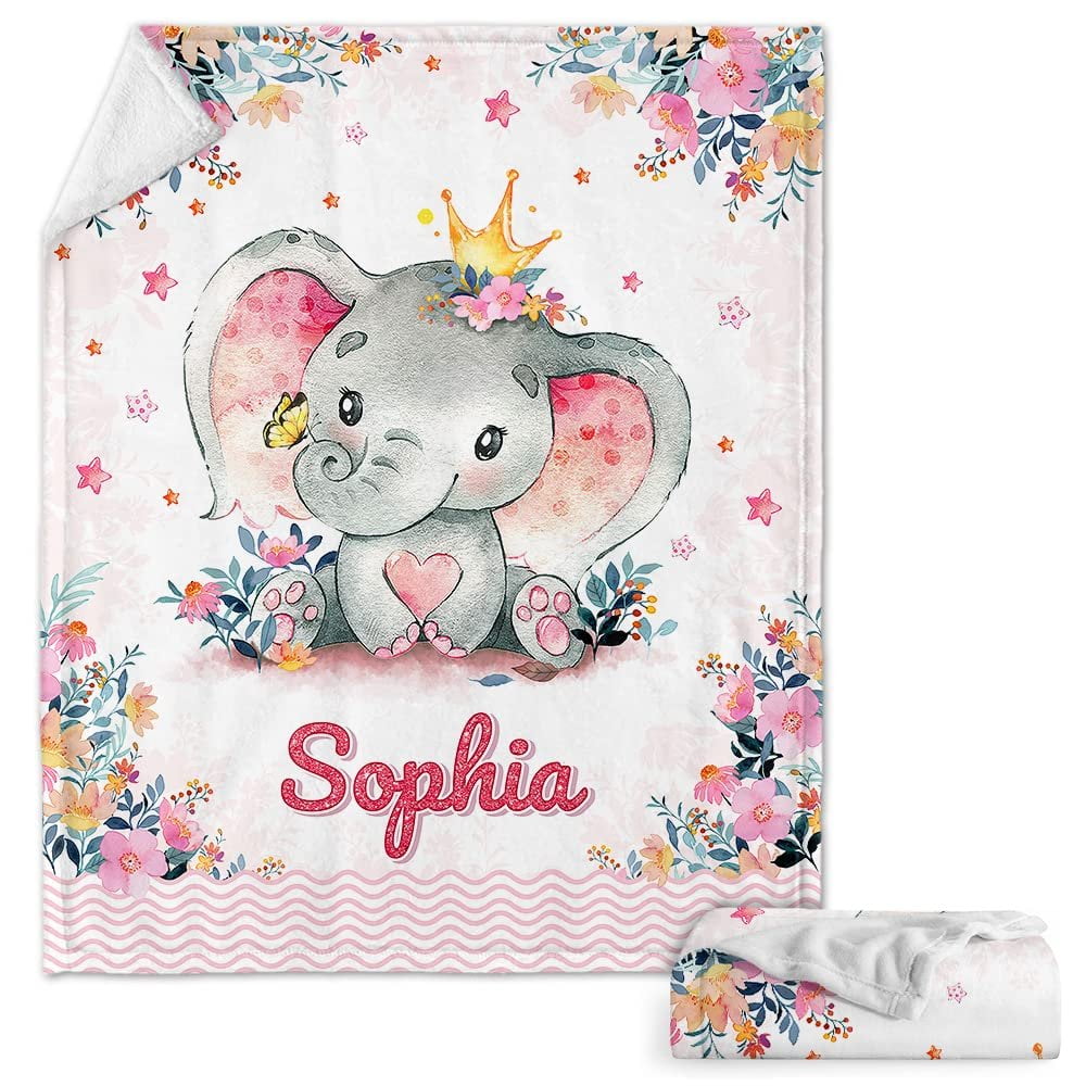 Personalized Baby Blanket Cute Elephant for Baby Girl