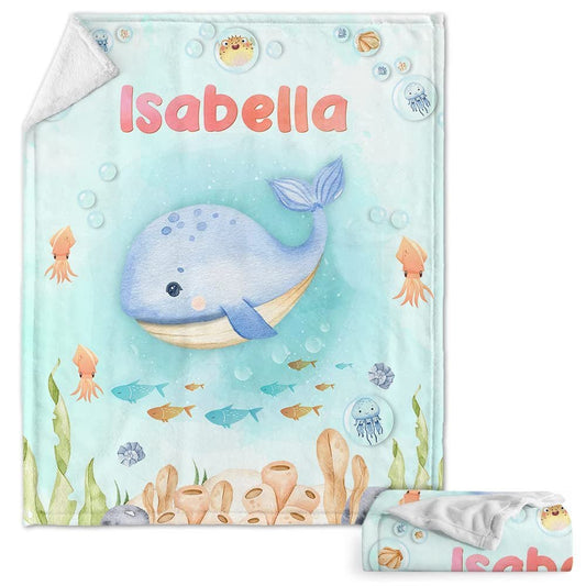 Personalized Baby Blanket Cute Whale Sea Animals Ocean for Baby Girl