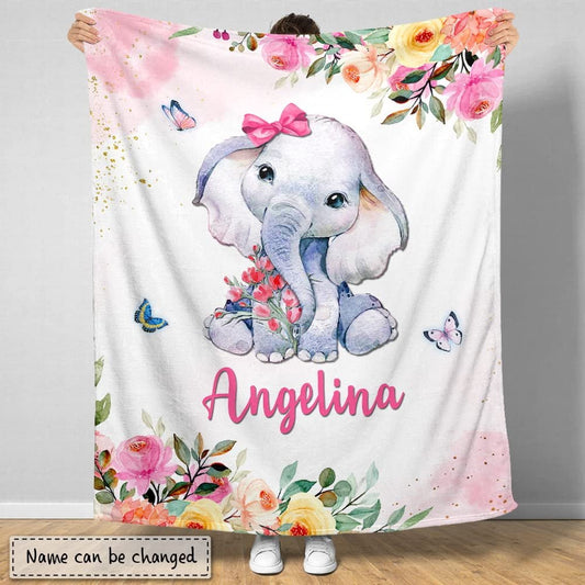 Personalized Baby Blanket Elephant And Butterfly Flowers for Baby Girl
