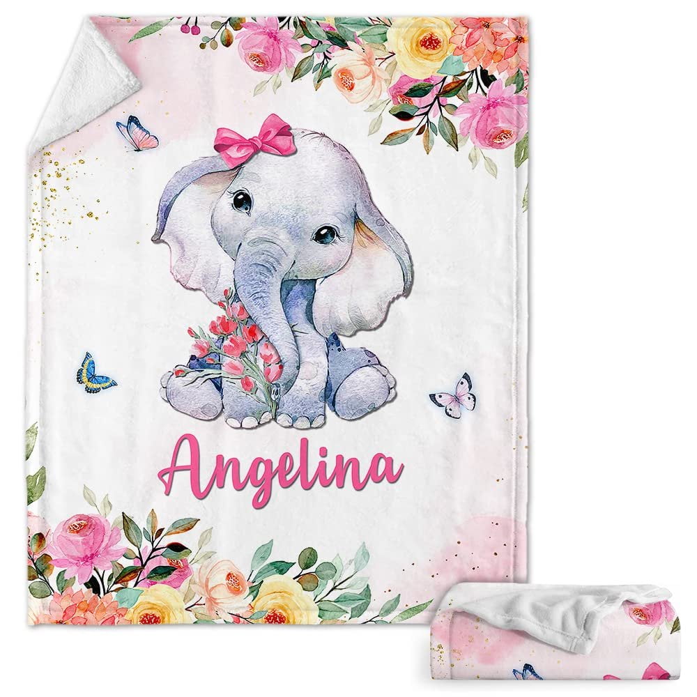 Personalized Baby Blanket Elephant And Butterfly Flowers for Baby Girl