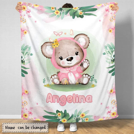 Personalized Baby Blanket Lovely Pink Bear for Baby Girl
