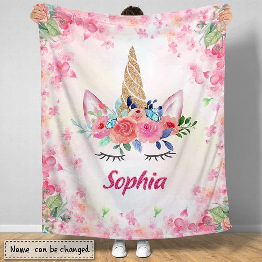 Personalized Baby Pink Blanket Floral Unicorn for Baby Girl
