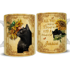 Personalized Black Cat Sunflower Mug