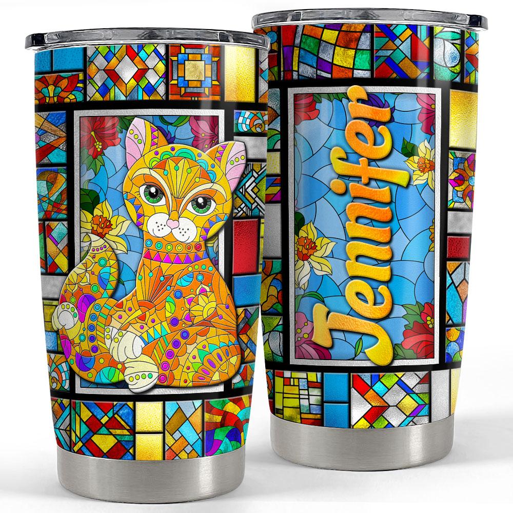 Personalized Cat Tumbler With Customize Name Stained Glass Drawing