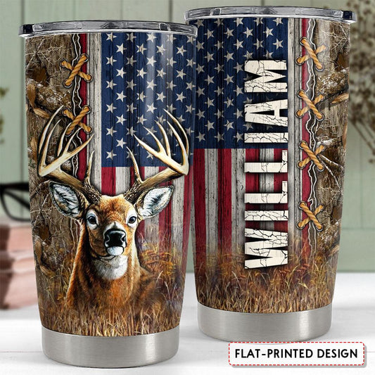 Personalized Deer Tumbler American Flag Drawing