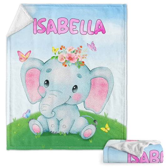 Personalized Lovely Baby Blanket Elephant Flowers for Baby Girl