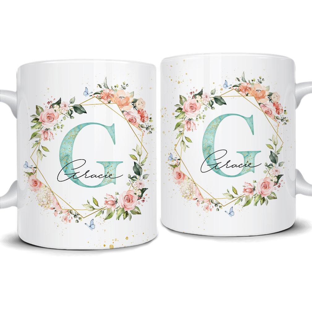 Personalized Mug Flowers Monochrome Custom Name