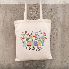 Personalized Name Totebag With Flower Garden
