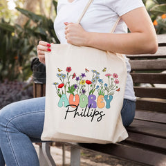 Personalized Name Totebag With Flower Garden