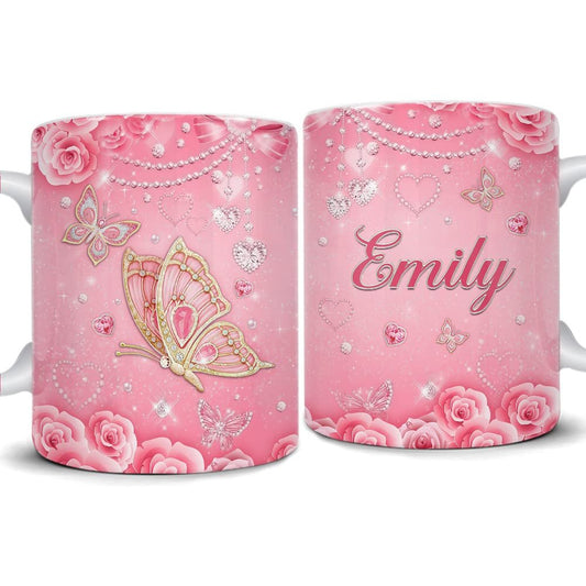 Personalized Pink Butterfly Rose Art Mug