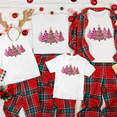 Personalized Pink Christmas T-Shirt With Pine Tree Motifs