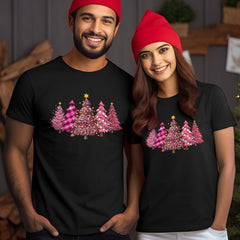 Personalized Pink Christmas T-Shirt With Pine Tree Motifs