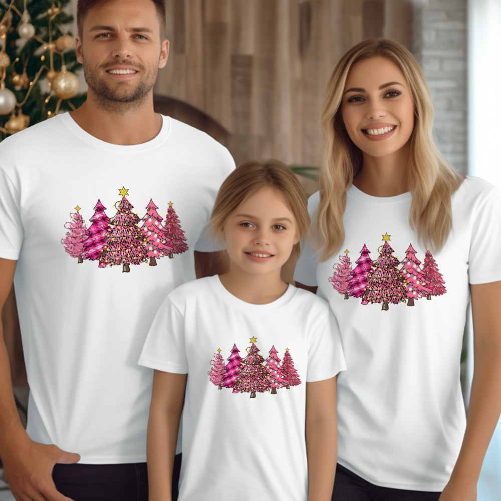 Personalized Pink Christmas T-Shirt With Pine Tree Motifs