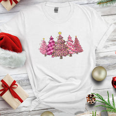 Personalized Pink Christmas T-Shirt With Pine Tree Motifs