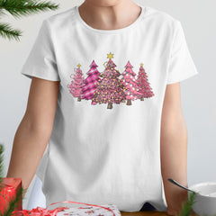 Personalized Pink Christmas T-Shirt With Pine Tree Motifs