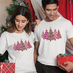 Personalized Pink Christmas T-Shirt With Pine Tree Motifs