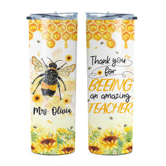 Personalized Teacher Skinny Tumbler Bee Art