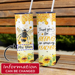 Personalized Teacher Skinny Tumbler Bee Art