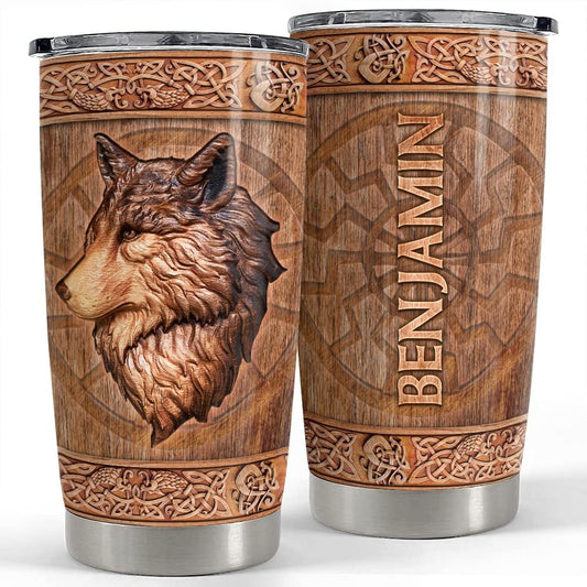 Personalized Wolf Tumbler Viking Wood Sculpture Style Best Gift