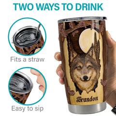 Personalized Wolf Tumbler Wood Drawing Style