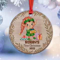 Personalized Wood Baby Boy First Christmas Ornament Gnome Xmas