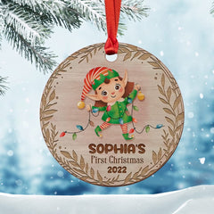Personalized Wood Baby Girl First Christmas Ornament Gnome Xmas