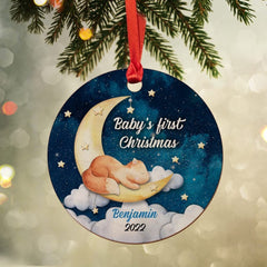 Personalized Wood Baby's First Christmas Ornament Sleepy Animal