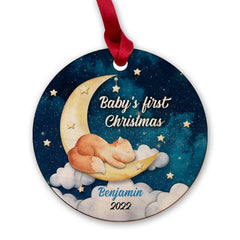 Personalized Wood Baby's First Christmas Ornament Sleepy Animal